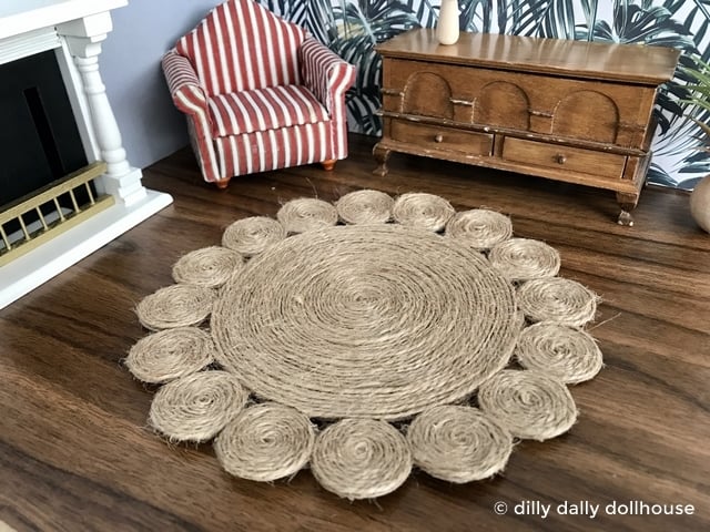 miniature dollhouse jute rug in a living room scene