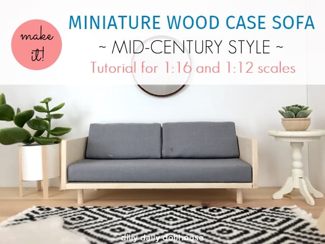 miniature wood case sofa in dollhouse living room scene