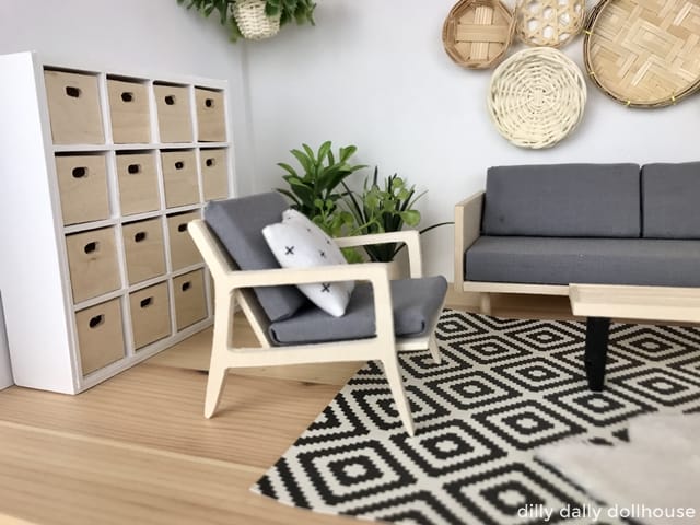 finished modern dollhouse chair in a 1:16 scene