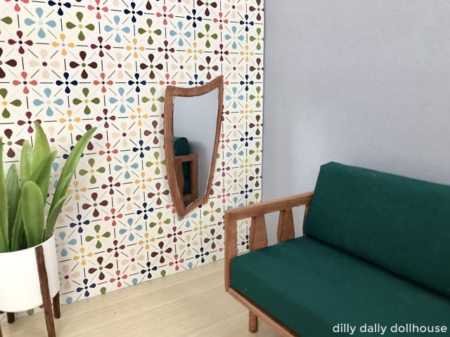 mid-century modern dollhouse mirror in living room scene