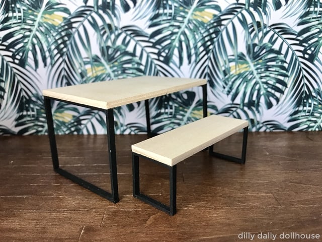 dollhouse miniature industrial-style table and bench